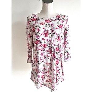 LA CLEF Tunic Top White Floral Stretch Soft Knit 3/4 Sleeves Size XL